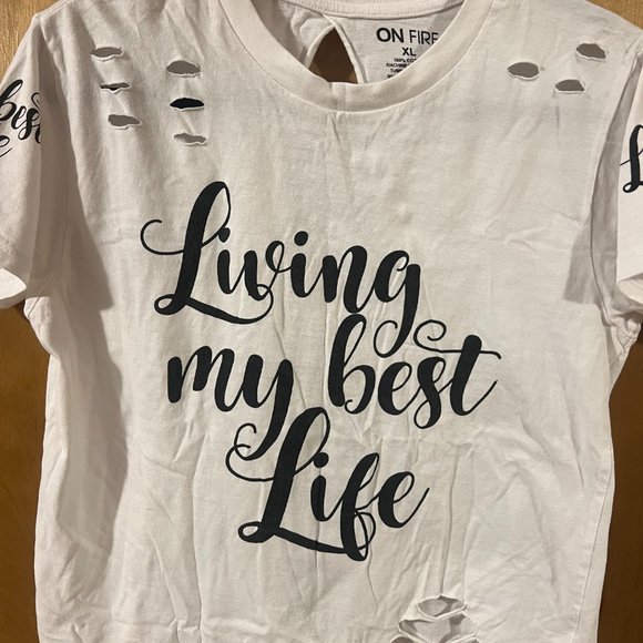 On Fire Women's White Tie Back Living My Best Life Cutout Crop Tee Shirt XL - Picture 2 of 6
